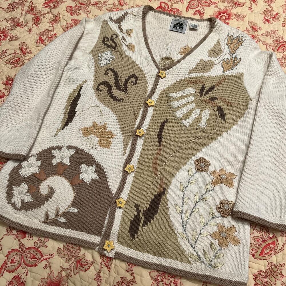 Vintage Storybook Knits Floral Lilly Earth tone Pearl Sweater! - Picture 3 of 5